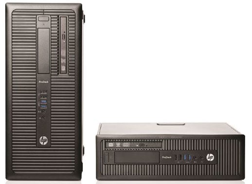  Front view of two ProDesk 600 G1: the left is Tower in standing position, the right one is Small Form Factor in horizontal orientation  